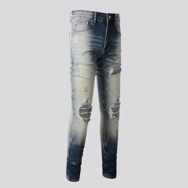 Crystal-patch men's vintage jeans