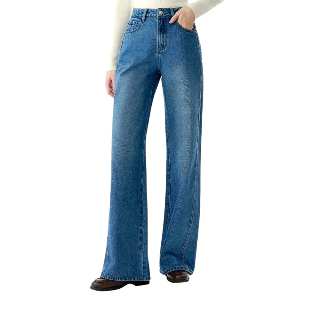 Fashionable Abraded Wide Fit Jeans for Women - Light Blue