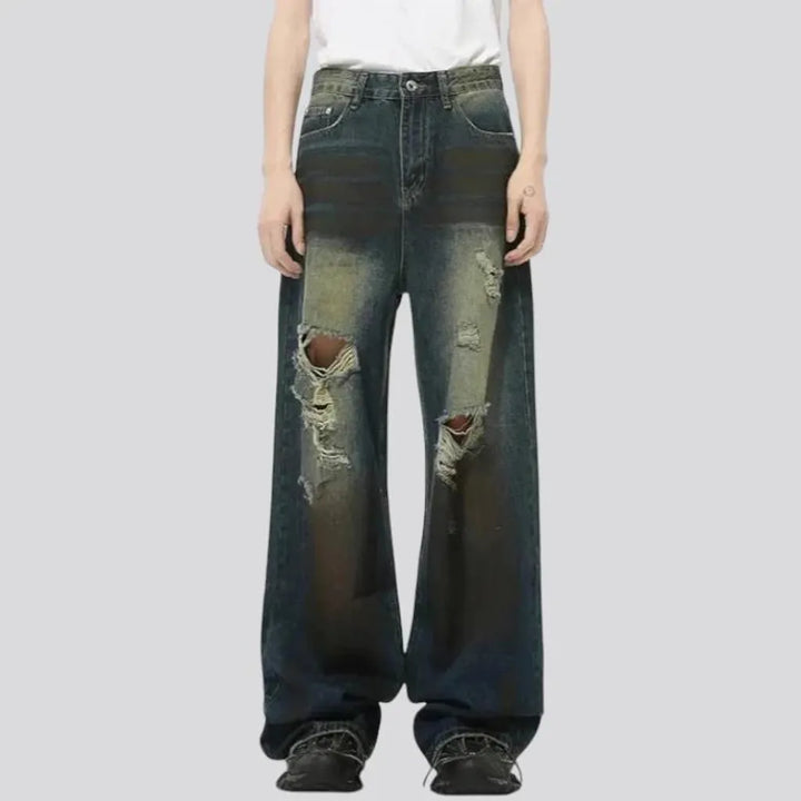 Baggy fashion distressed gradient jeans for men