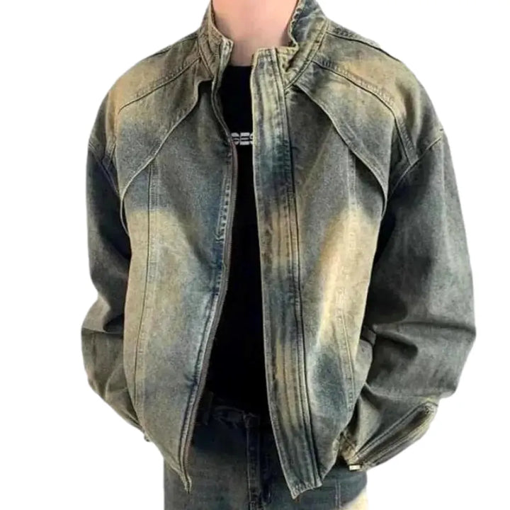 Sanded Vintage Style Men's Denim Jacket - Blue