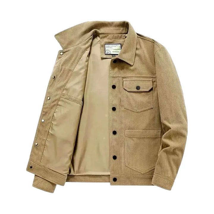 Medium Length Trendy Casual Men's Corduroy Jacket - Sand