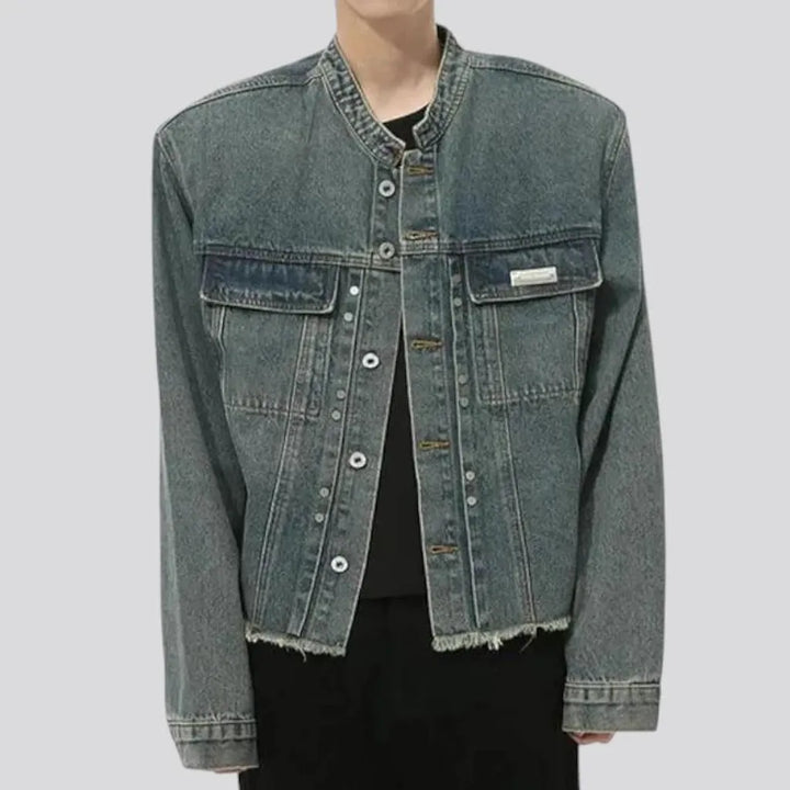 Retro pattern raw hem jeans jacket for men