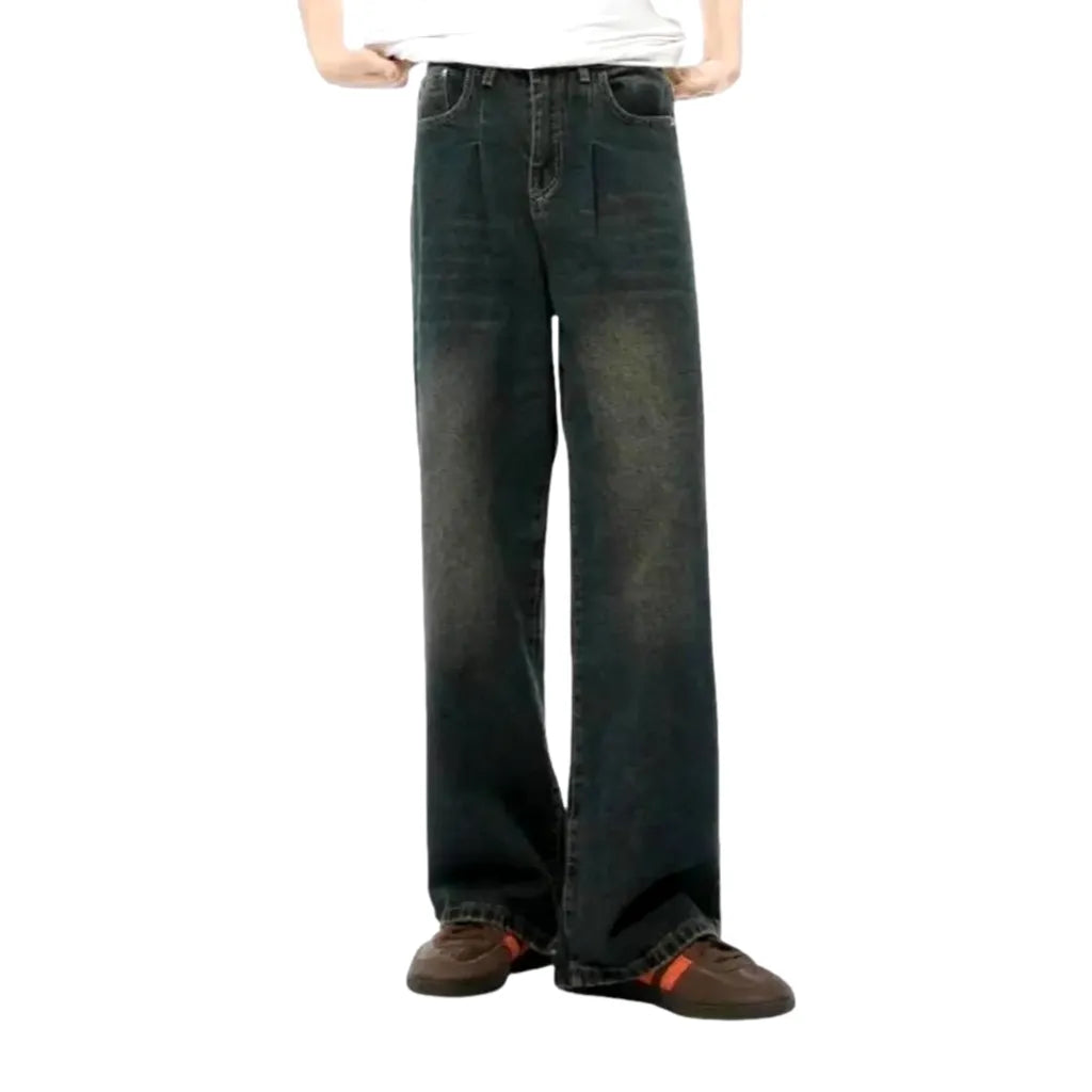 Mid Waist Abraded Baggy Men's Jeans - Dark Blue