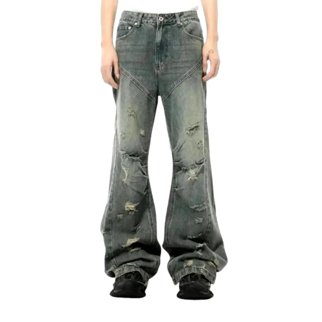 Sanded Mid Rise Boho Style Jeans for Men - Light Blue