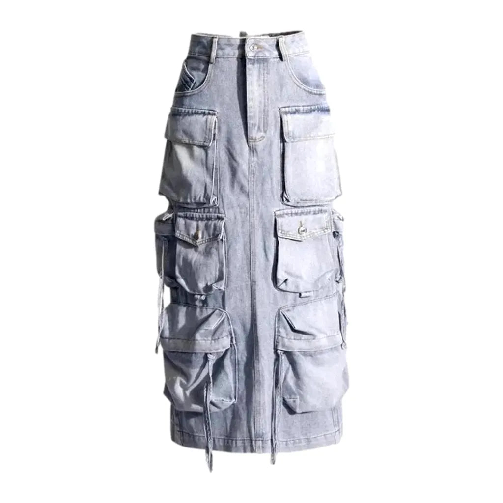 Maxi Length Cargo Pockets Jeans Skirt - Light Blue