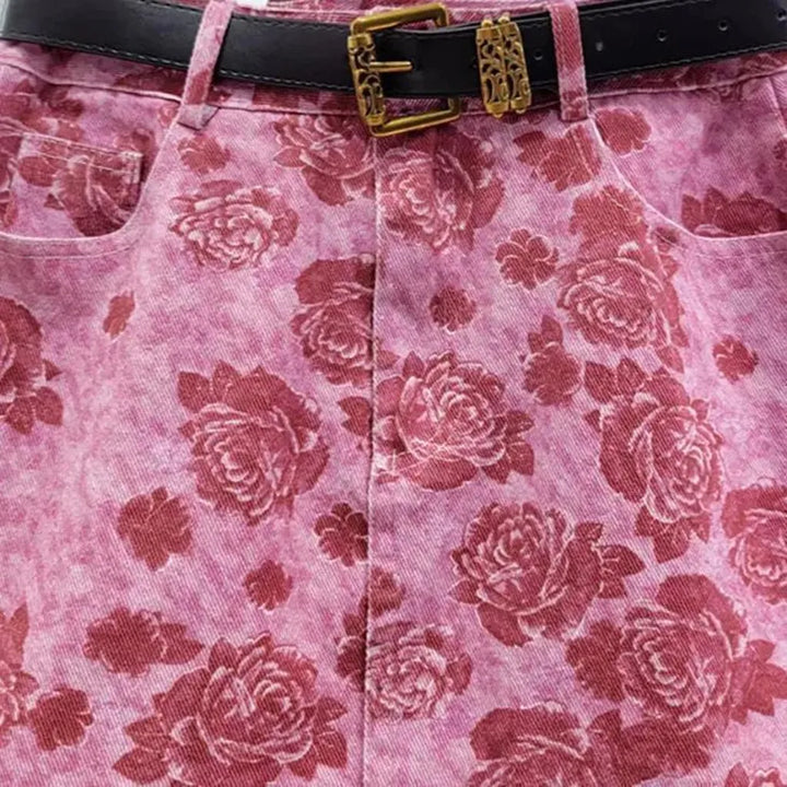 Mid-waist rose-print denim skirt
 for women
