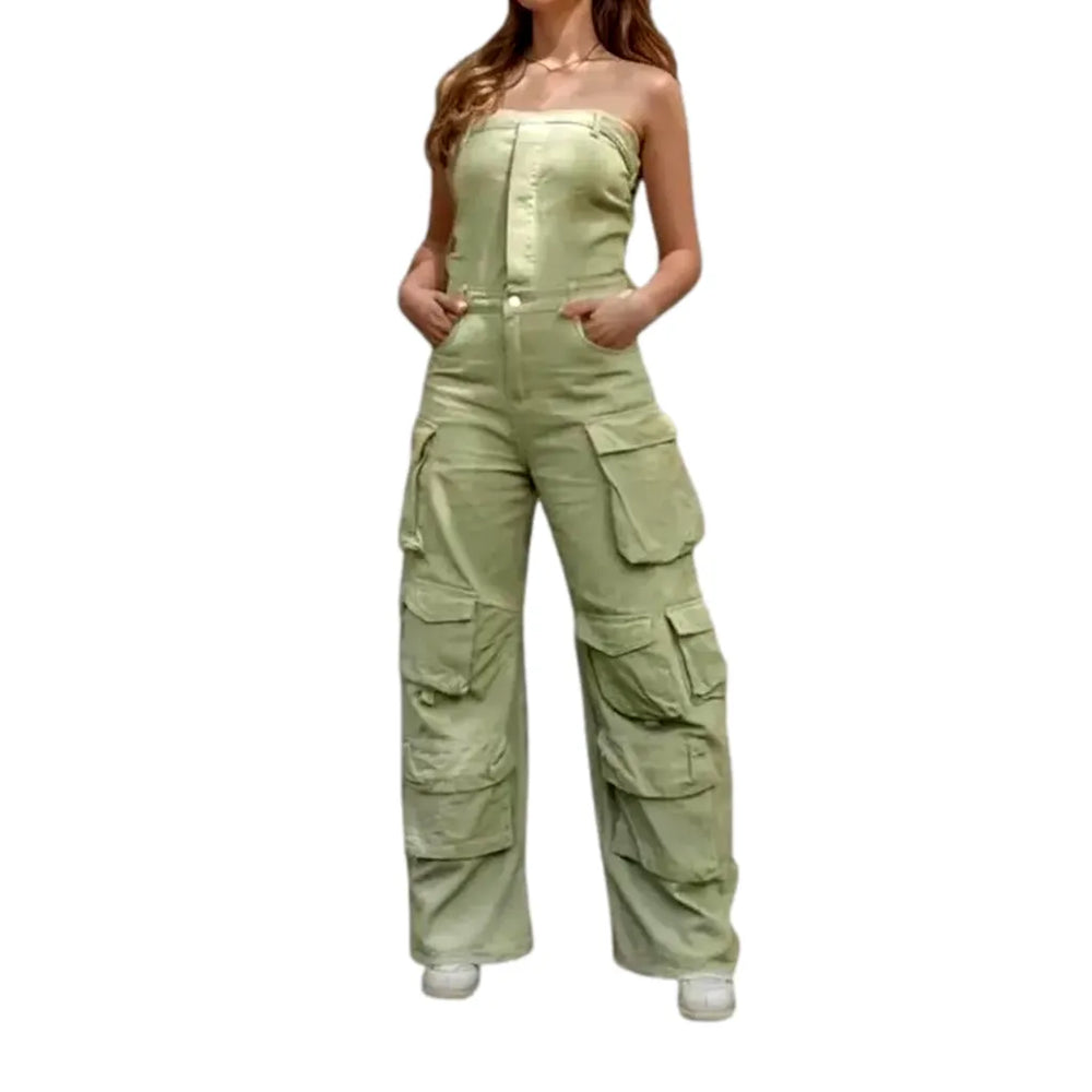 Wide Fit Stylish Women's Jean Jumpsuit - Khaki