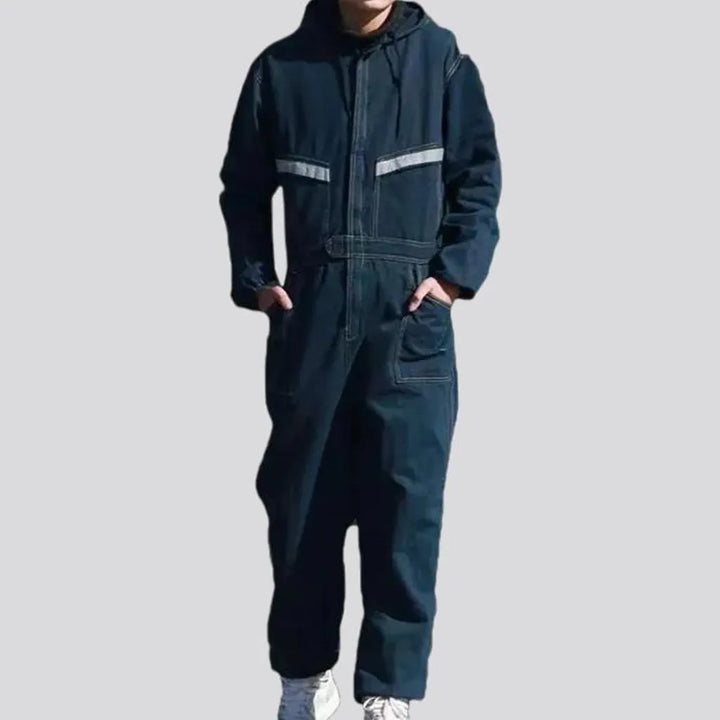 Stylish dark wash duty men's denim jumpsuit