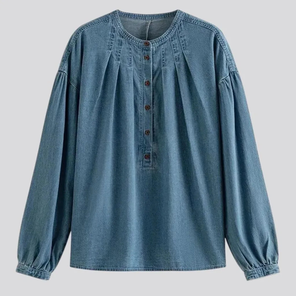 Puffed sleeves stylish jean shirt for women