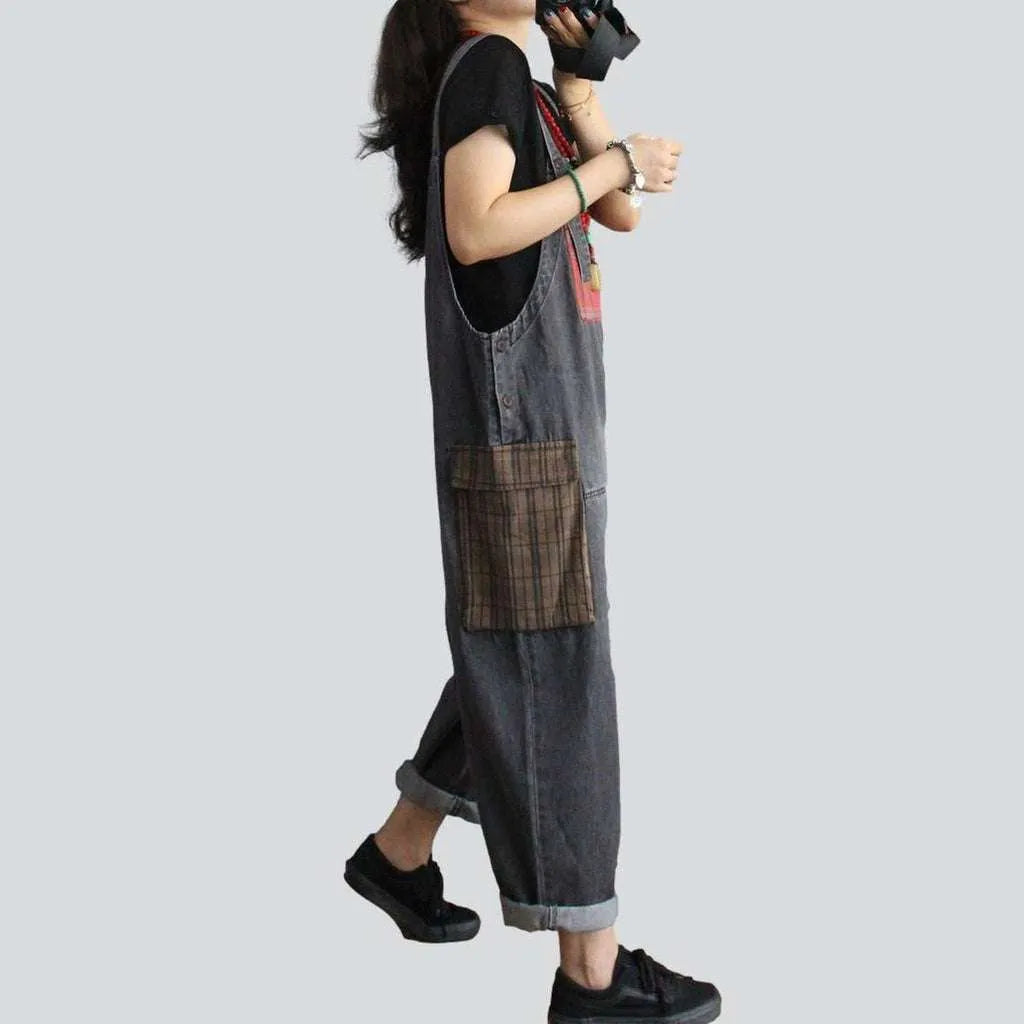 Checkered pockets women's denim overall