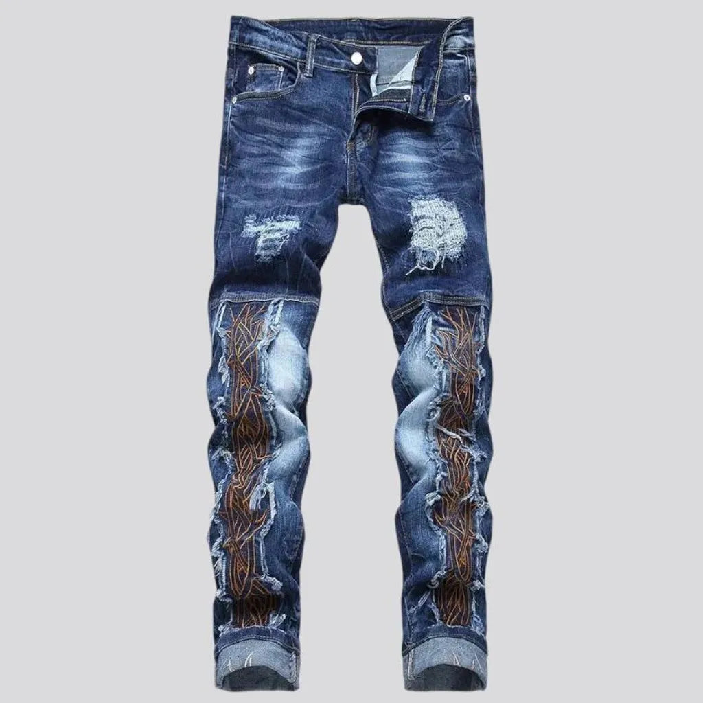 Stylish embroidered distressed men's jeans