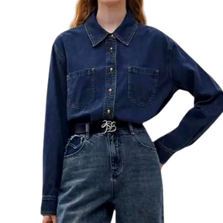 Dark Classic Oversized Denim Shirt for Ladies - Dark Blue