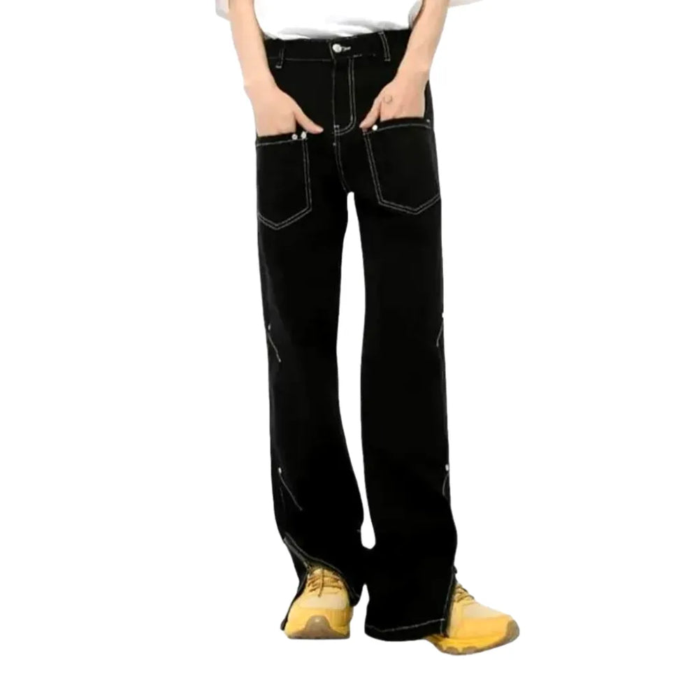 One-tone Mid-waist Men's Jean Pants - Black