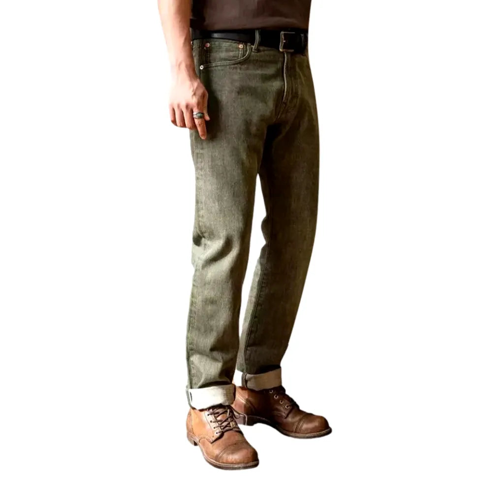 14 Oz Denim Tapered Fit Self-edge Men's Jeans - Khaki