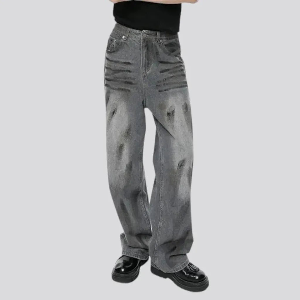 Baggy fit whiskered street jeans for men