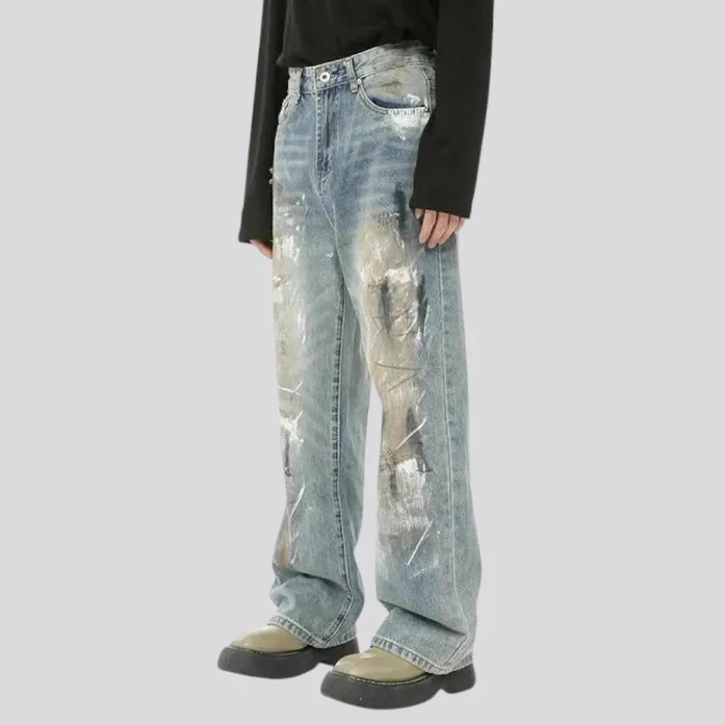 Medium rise graffiti fashion men's jeans