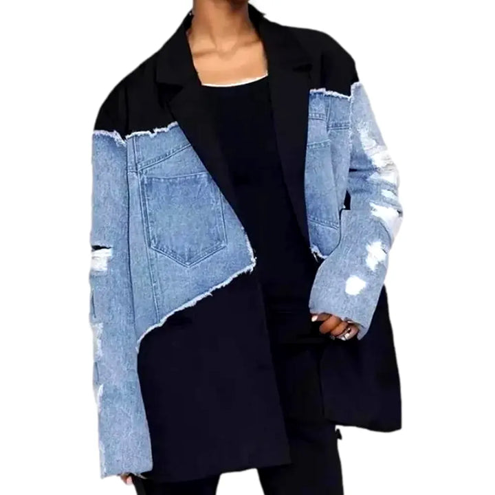 Stylish Distressed Women's Jean Blazer Jacket - Black