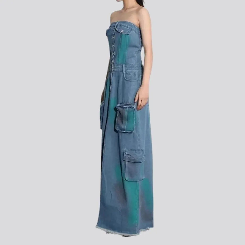 Raw hem cargo pockets denim dress