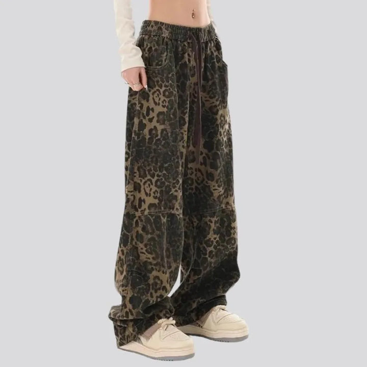 painted, baggy, leopard, floor-length, mid-waist, 5-pockets, zipper-button, women's pants | Jeans4you.shop
