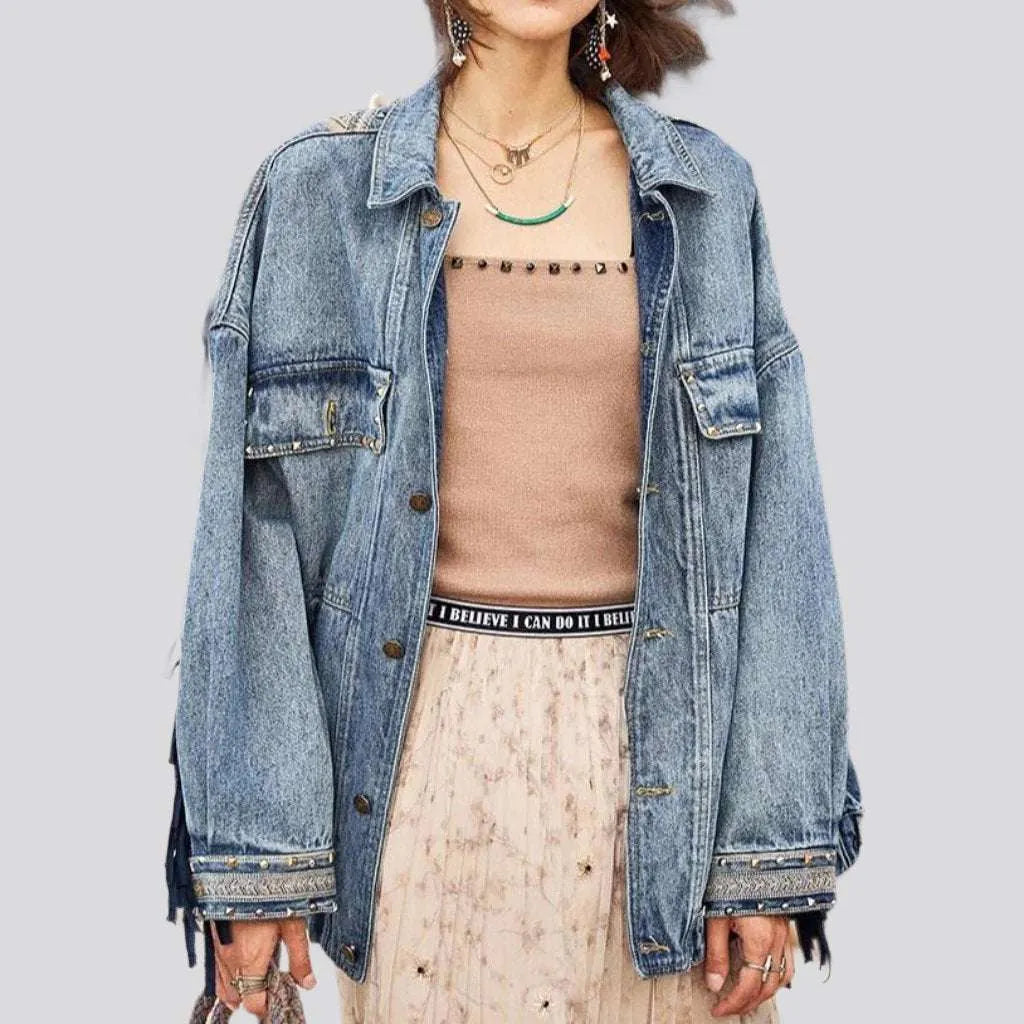 Embroidered fringe denim jacket
 for ladies