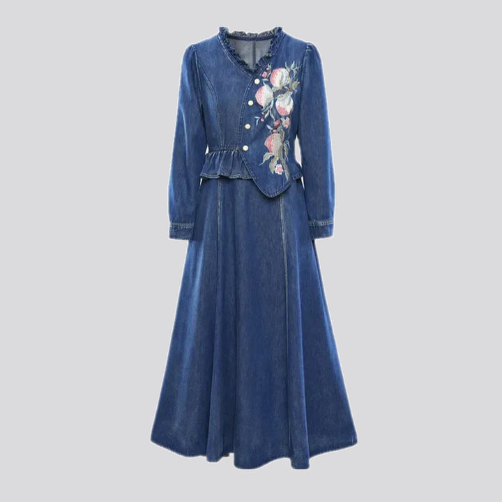 Maxi embroidered bell-shaped jean dress