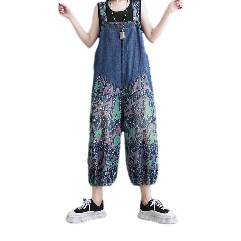 Unique Graffiti Pattern Women's Jeans Overall - Blue