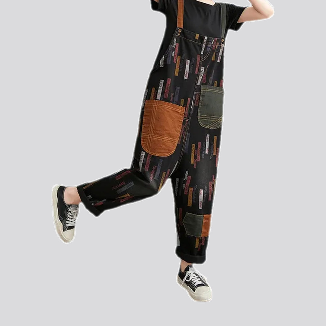 Chic patchwork baggy women's denim dungaree