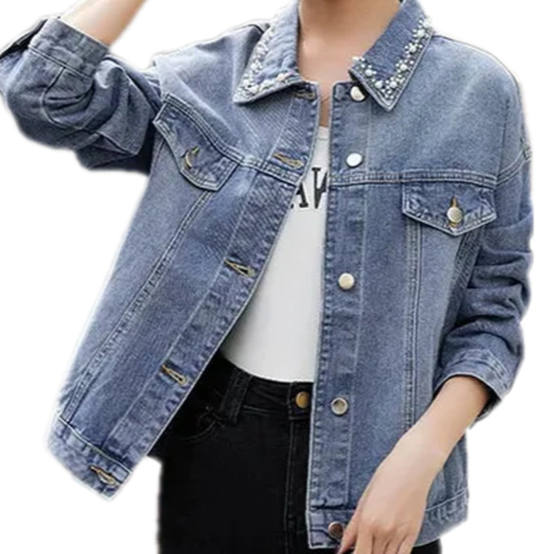 Fashion Oversized Beaded Women's Denim Jacket - Blue