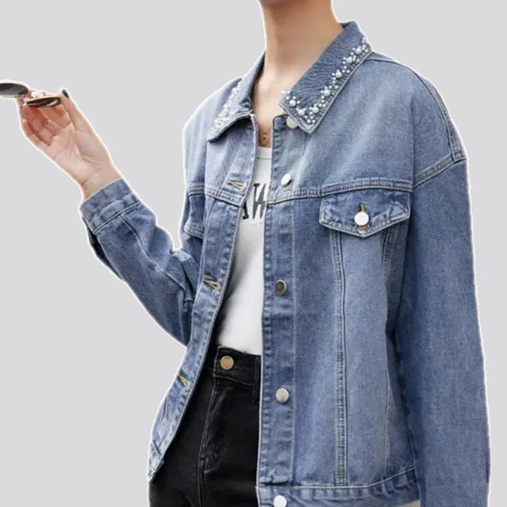 Fashion oversized beaded women's denim jacket