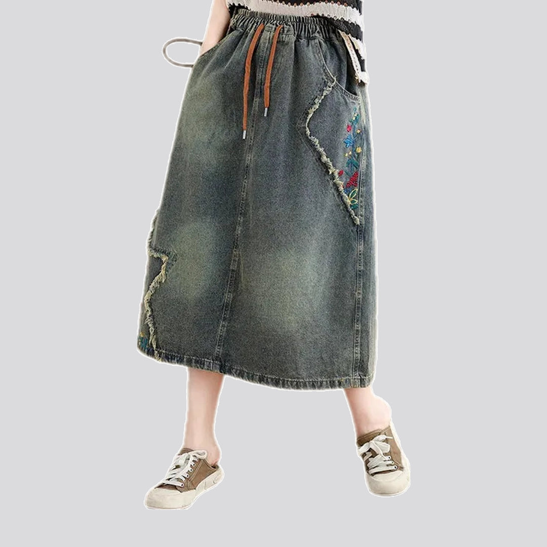 Maxi length embroidered jeans skirt