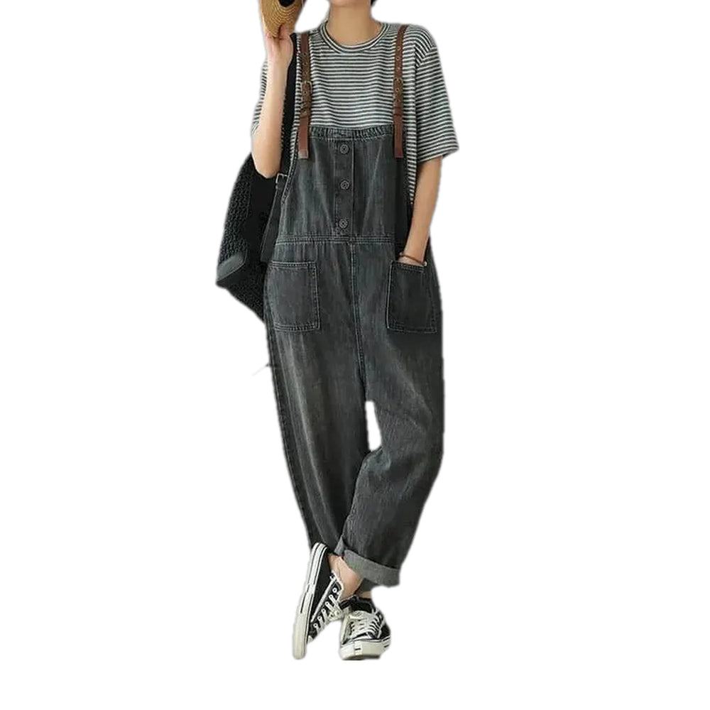 Trendy Baggy Retro Denim Bib for Ladies - Black