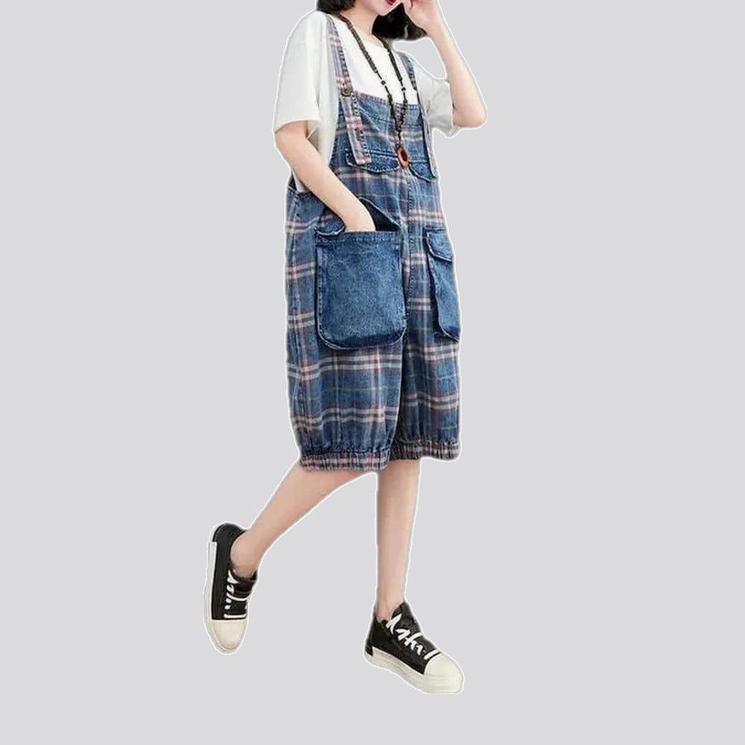 Checkered pattern baggy women's denim overall