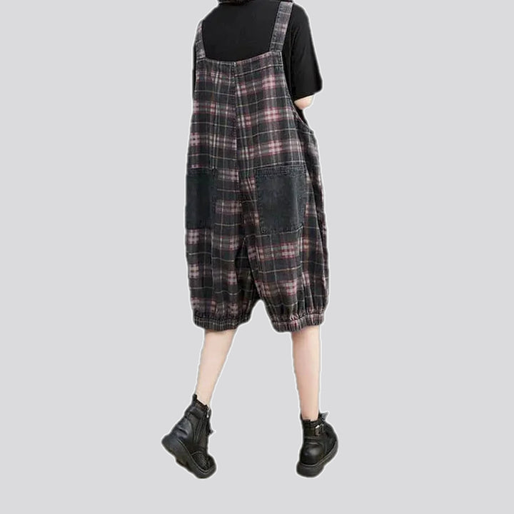 Checkered pattern baggy women's denim overall