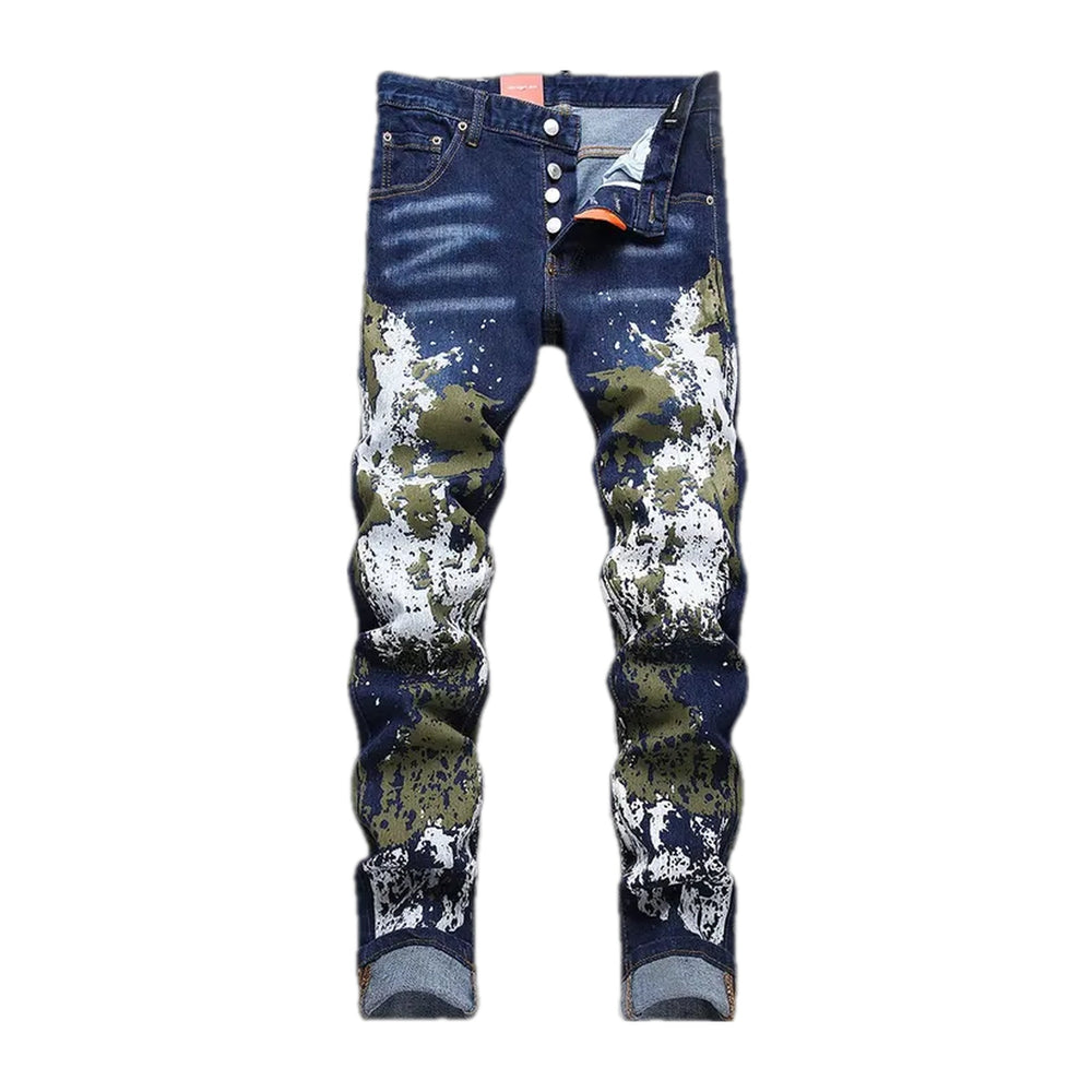 Painted Graphic Stretchable Men's Jeans - Dark Blue