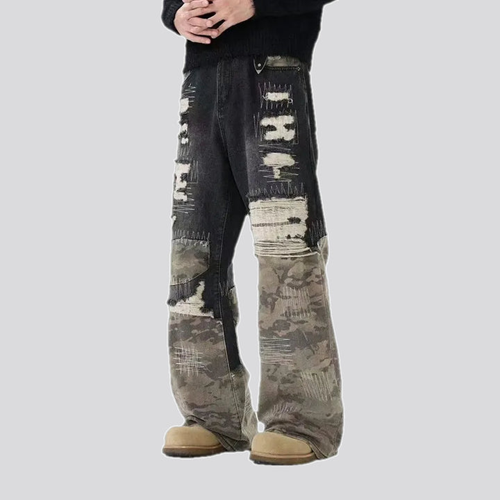 Reworked mixed colors boho men's jeans