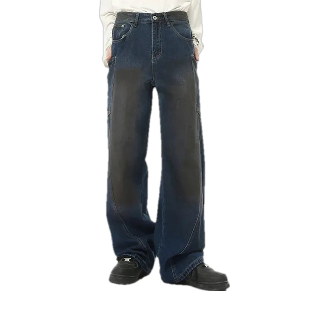 Boho Style Abraded Men's Jeans - Dark Blue