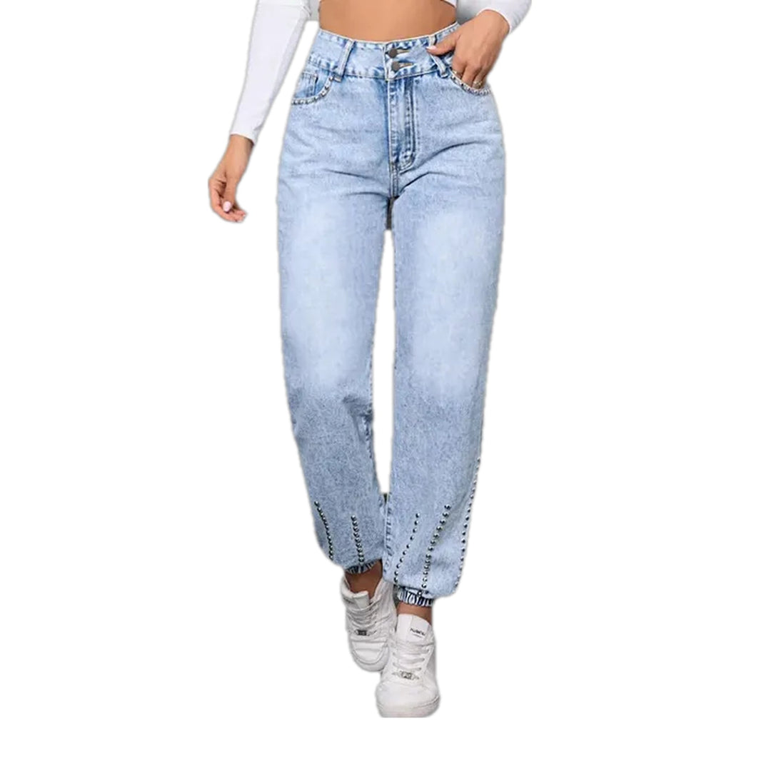 Cuffed Decorated Jeans for Ladies - Light Blue