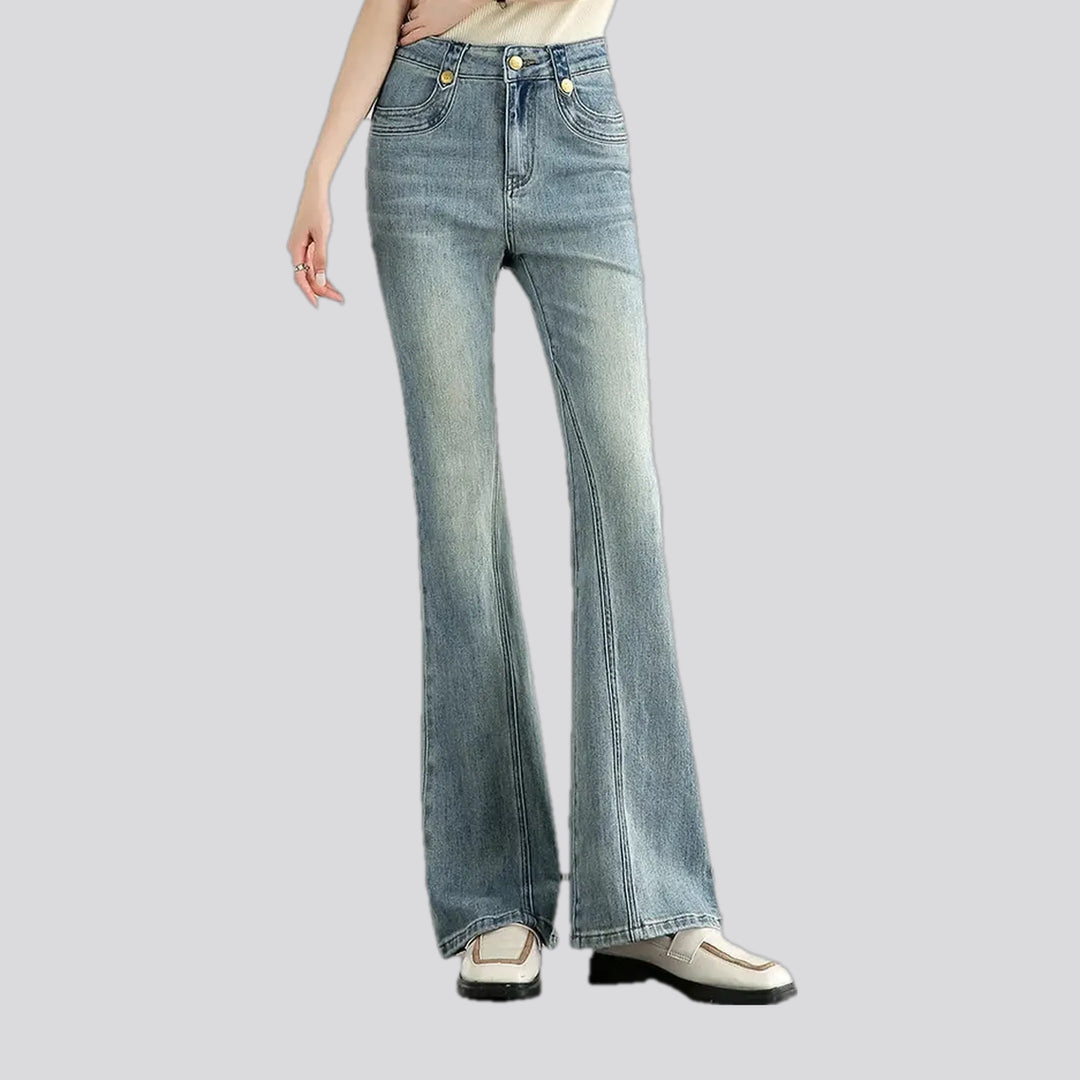 Fashionable mid-waist creased women's jeans