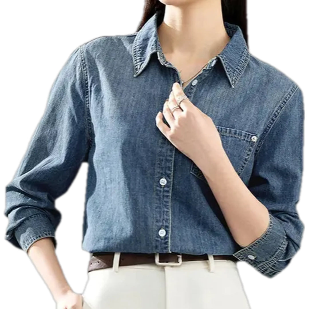 Linen Casual Style Dark Women's Denim Shirt - Blue