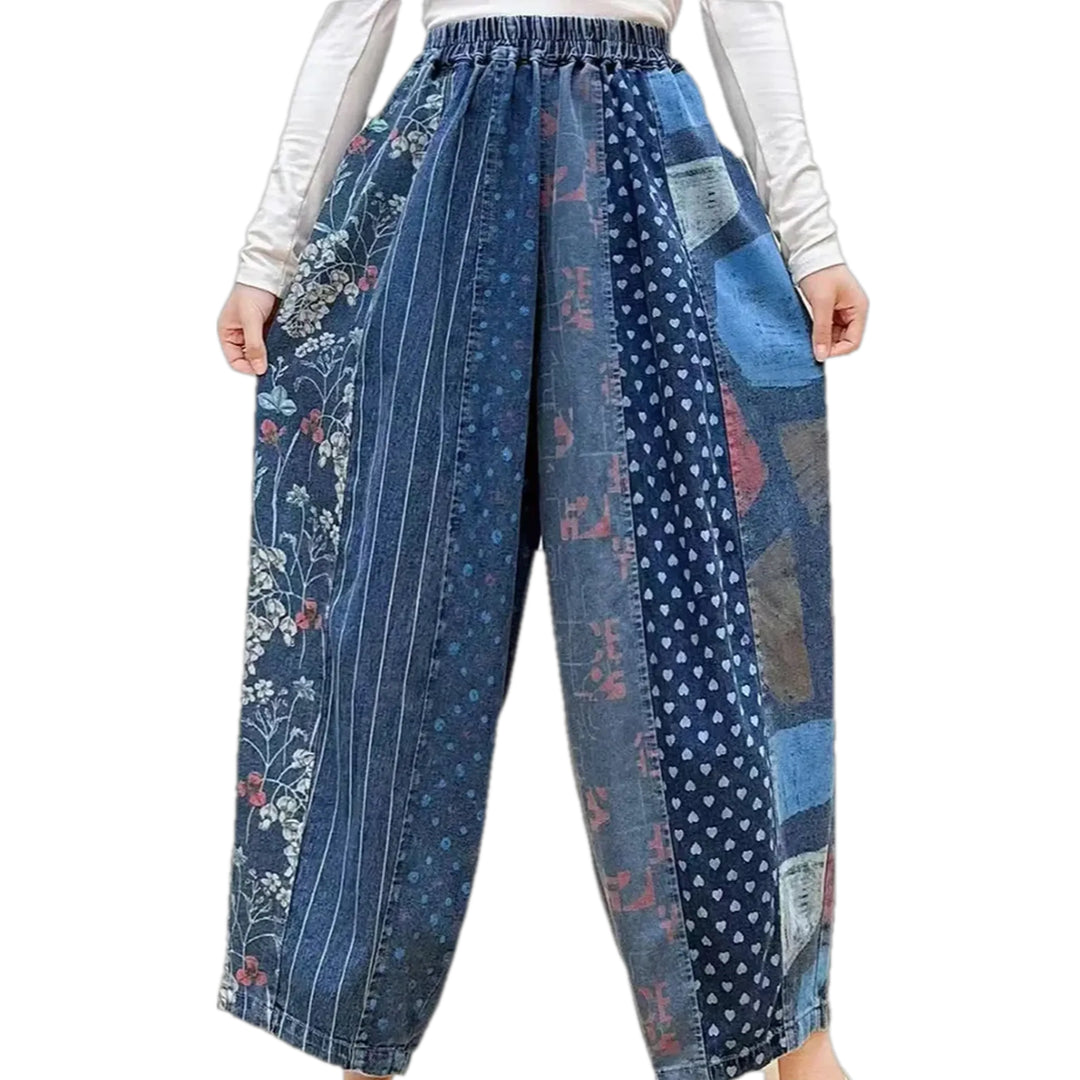 Boho Style Denim Joggers for Ladies - Blue