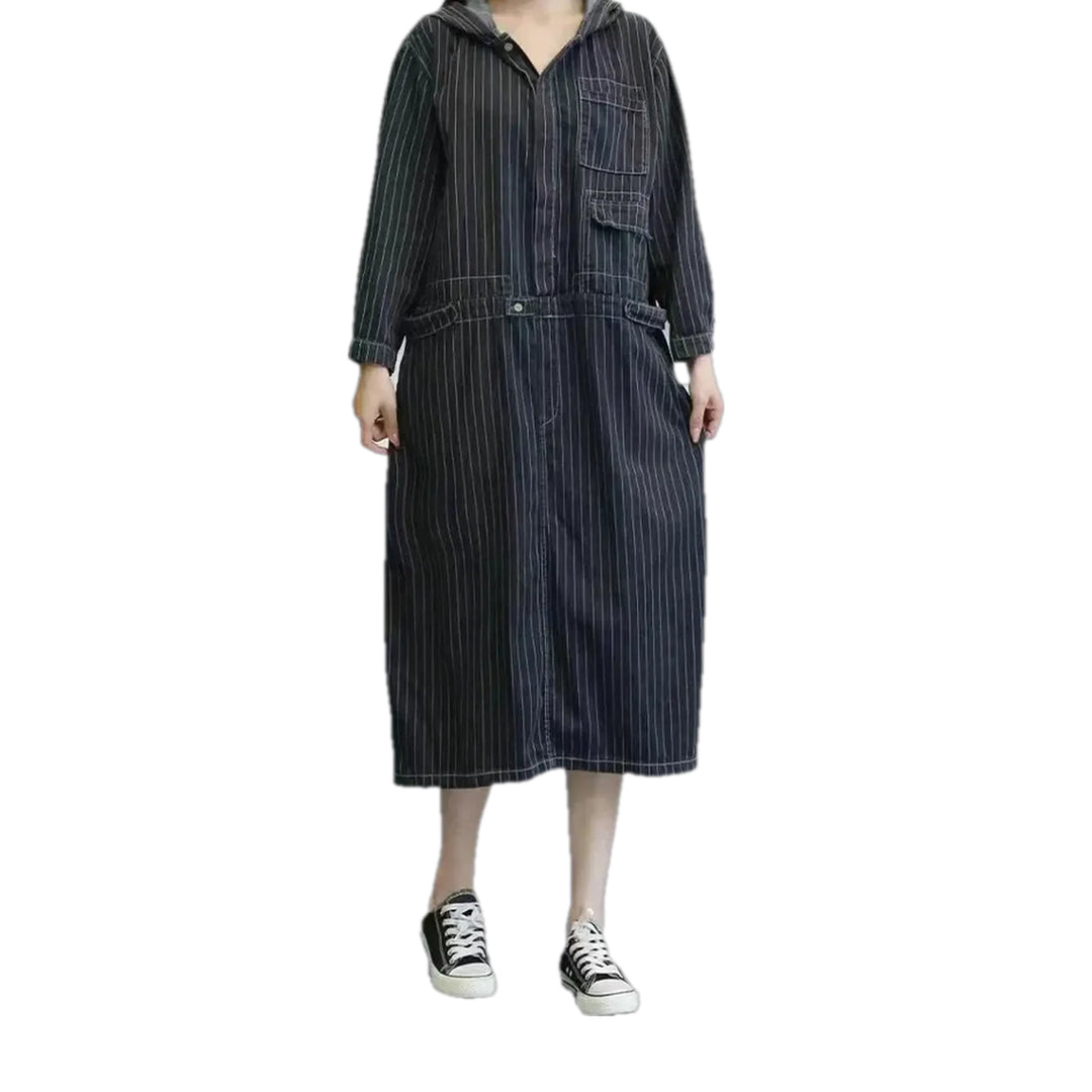 Boho Striped Dark Denim Dress - Black