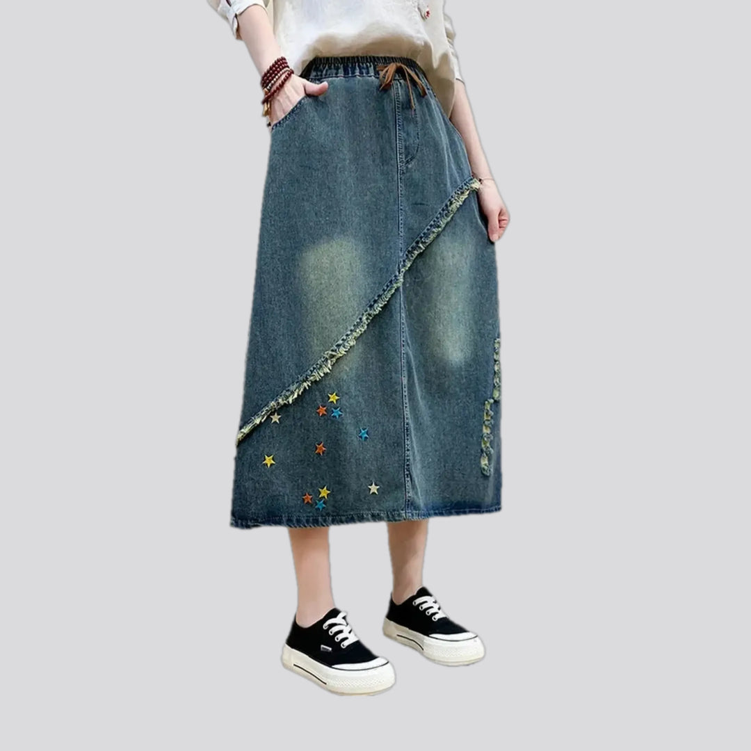 Stonewashed street style midi denim skirt