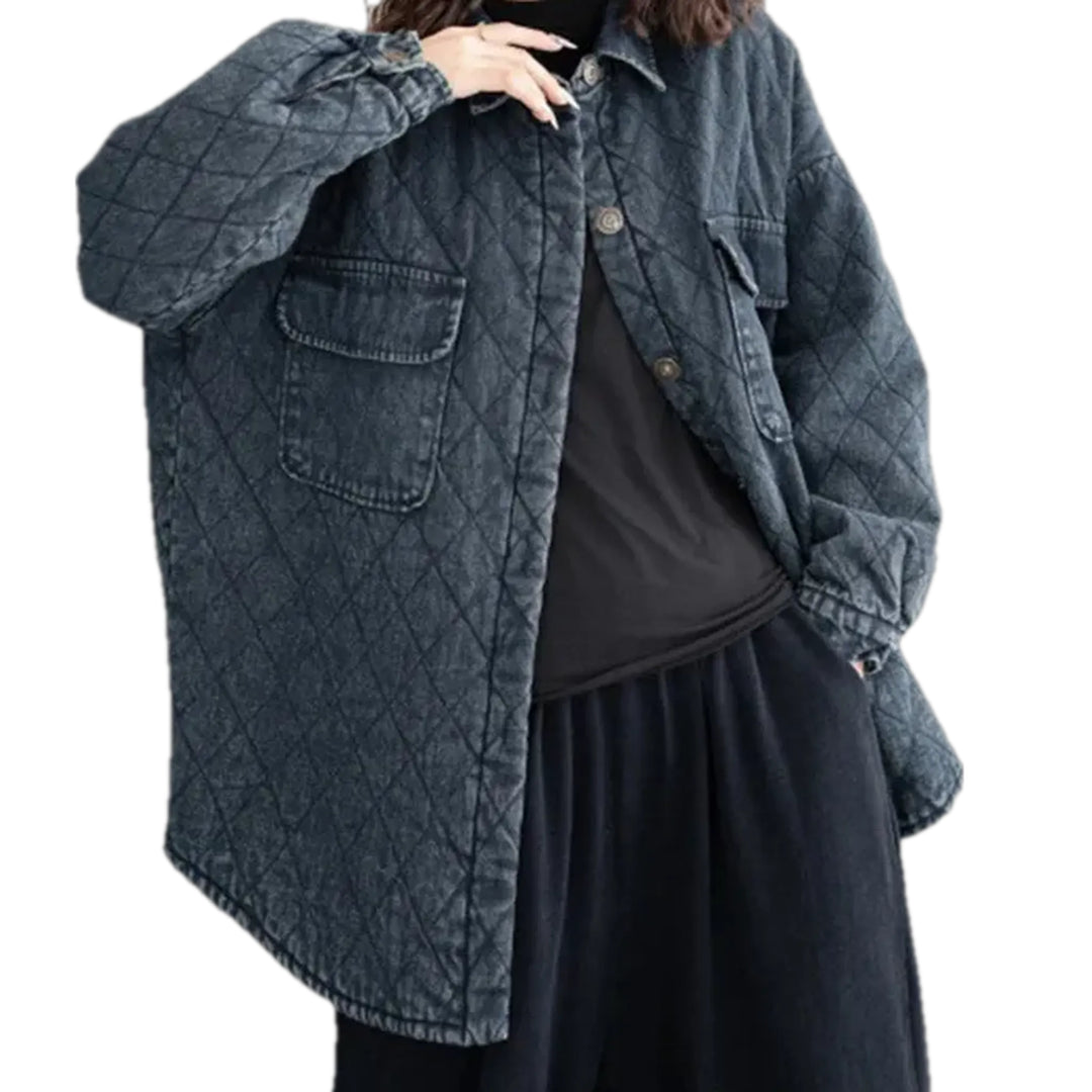 Extra-large Quilted Denim Chore Jacket for Women - Dark Blue