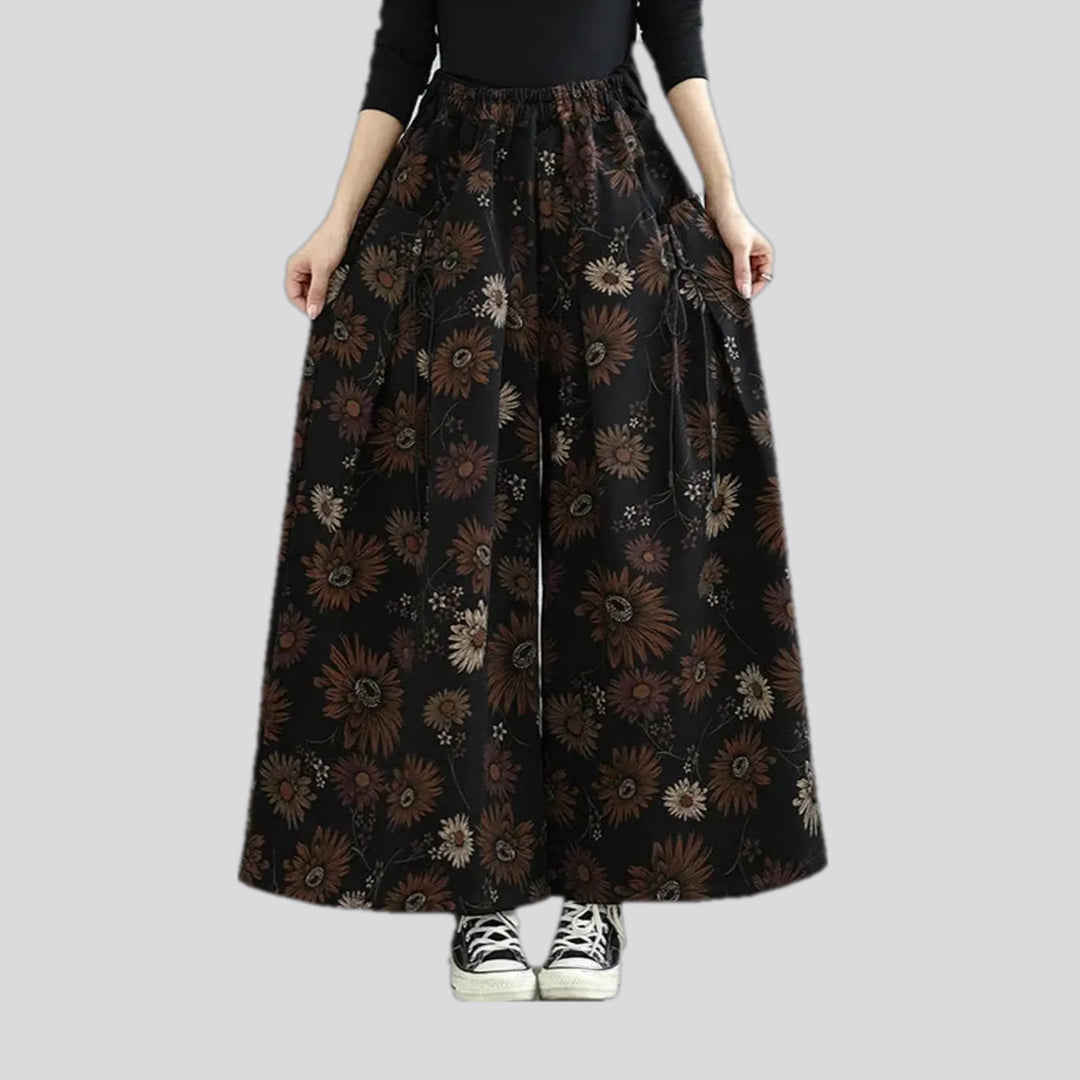 Boho flared floral women's denim culottes