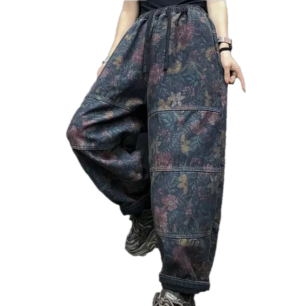 Medium Rise Slouchy Floral Denim Joggers for Women - Dark Blue