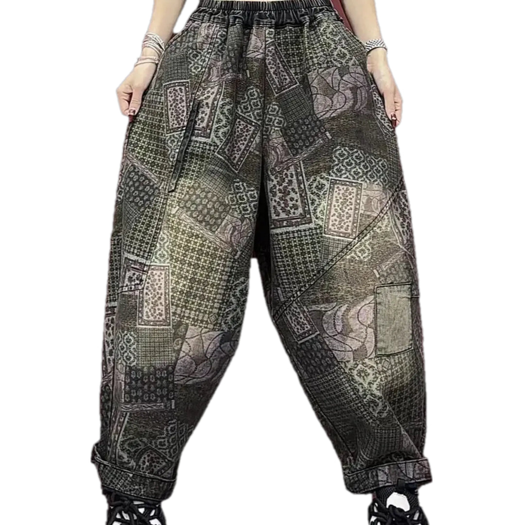 Graphic Pattern Baggy Fit Women's Jeans Joggers - Grey