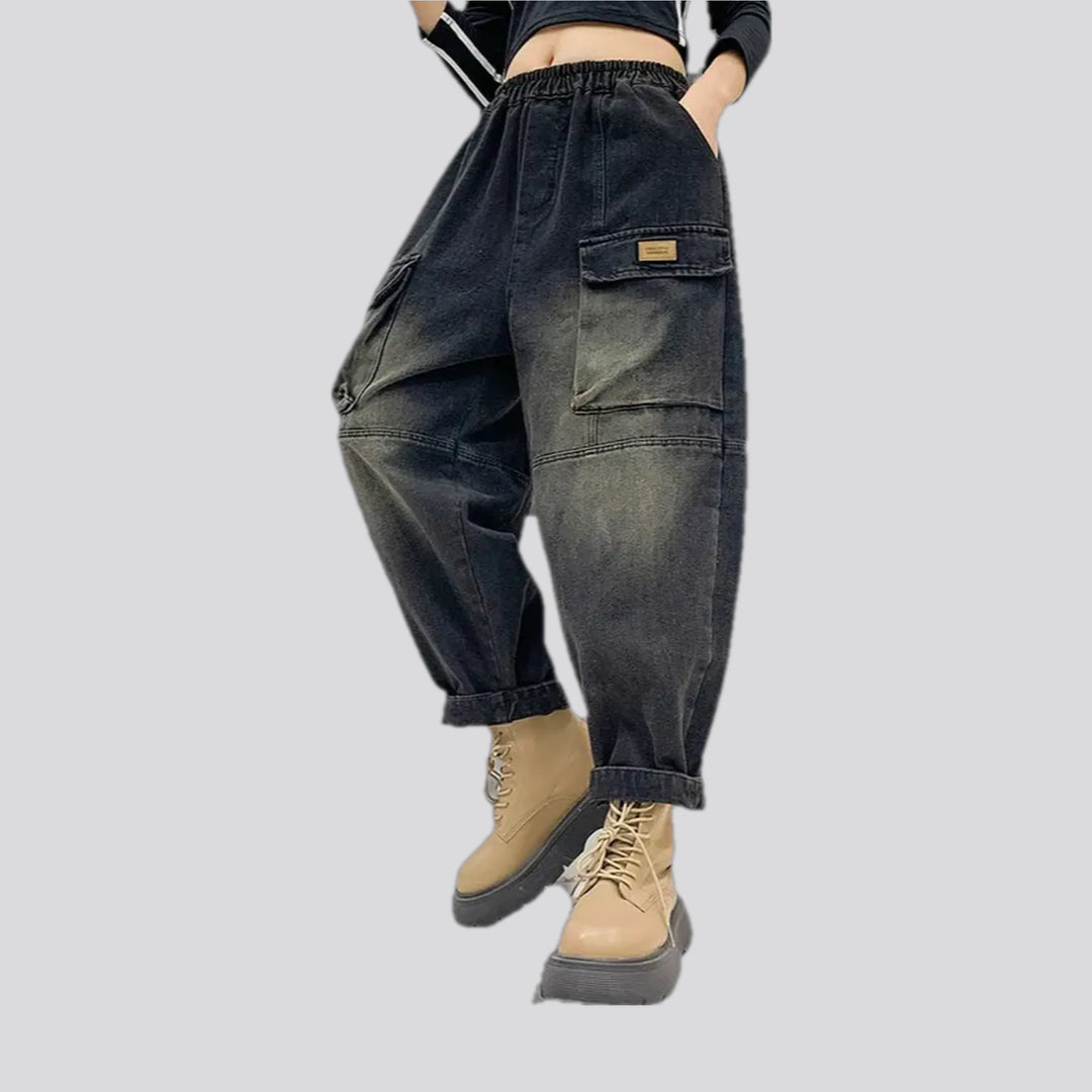 Baggy fit cargo pocket denim joggers for women