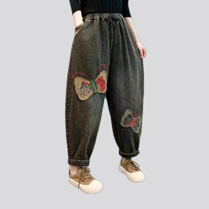 Vintage butterfly decor women's denim joggers