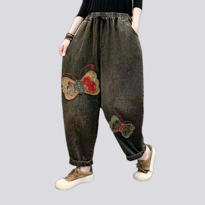 Vintage butterfly decor women's denim joggers