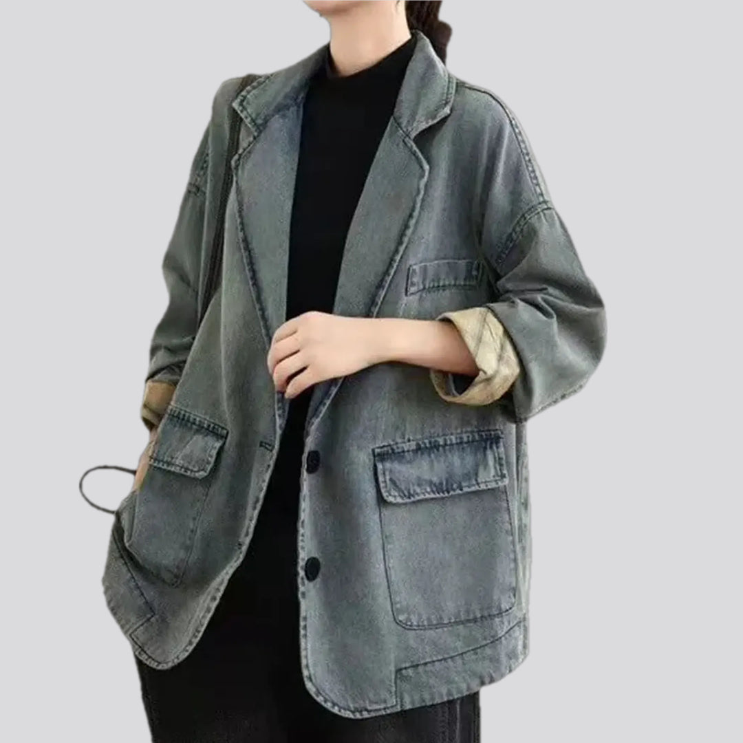 Boho style retro plaid cuff denim blazer for women